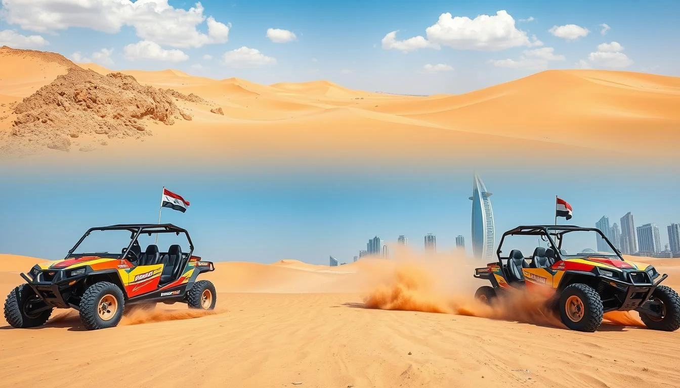 Dune buggy kicking up sand while driving through the vast desert landscape of Dubai under a clear blue sky