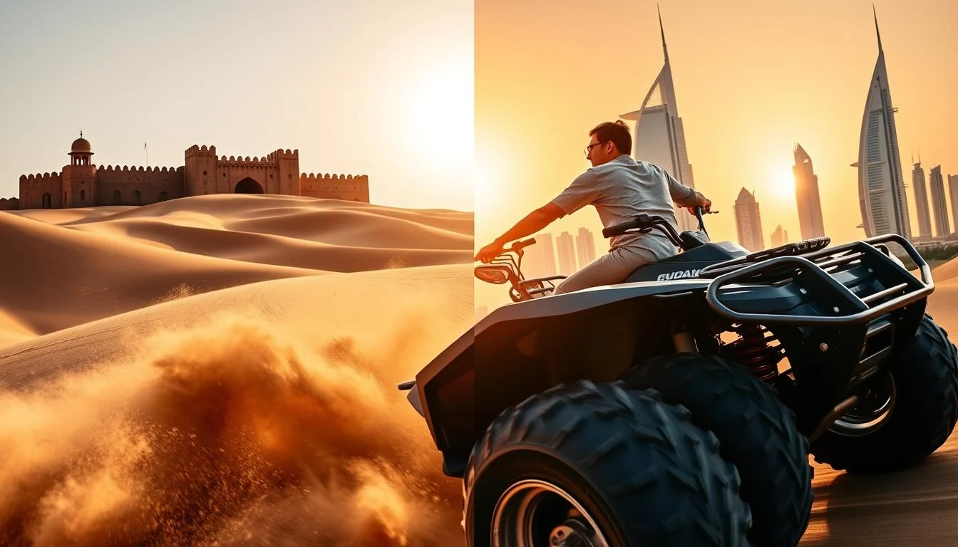Tourists riding quad bikes across the golden sand dunes of Sharjah, with a serene desert landscape in the background