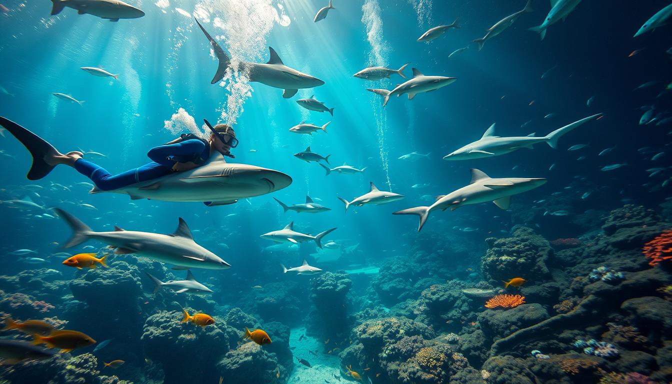 Tourists watching majestic Sand Tiger sharks glide in the giant 10 million-liter tank at Dubai Aquarium