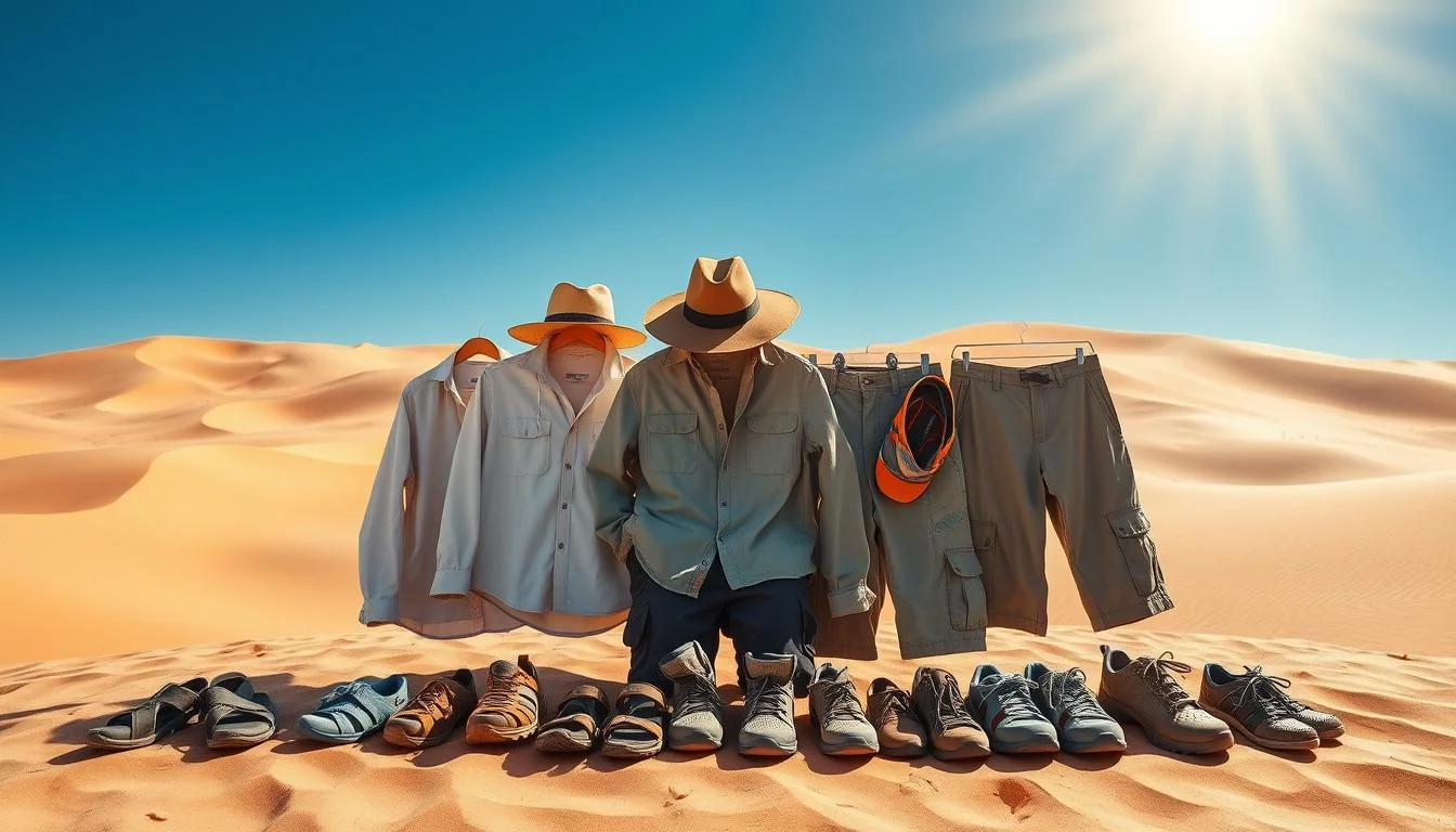 Tourists wearing appropriate desert attire, including breathable fabrics and closed-toe shoes, walking on red Dubai desert dunes