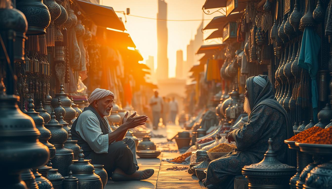Tourists haggling with a vendor in a vibrant, colorful Dubai souk, surrounded by spices and textiles