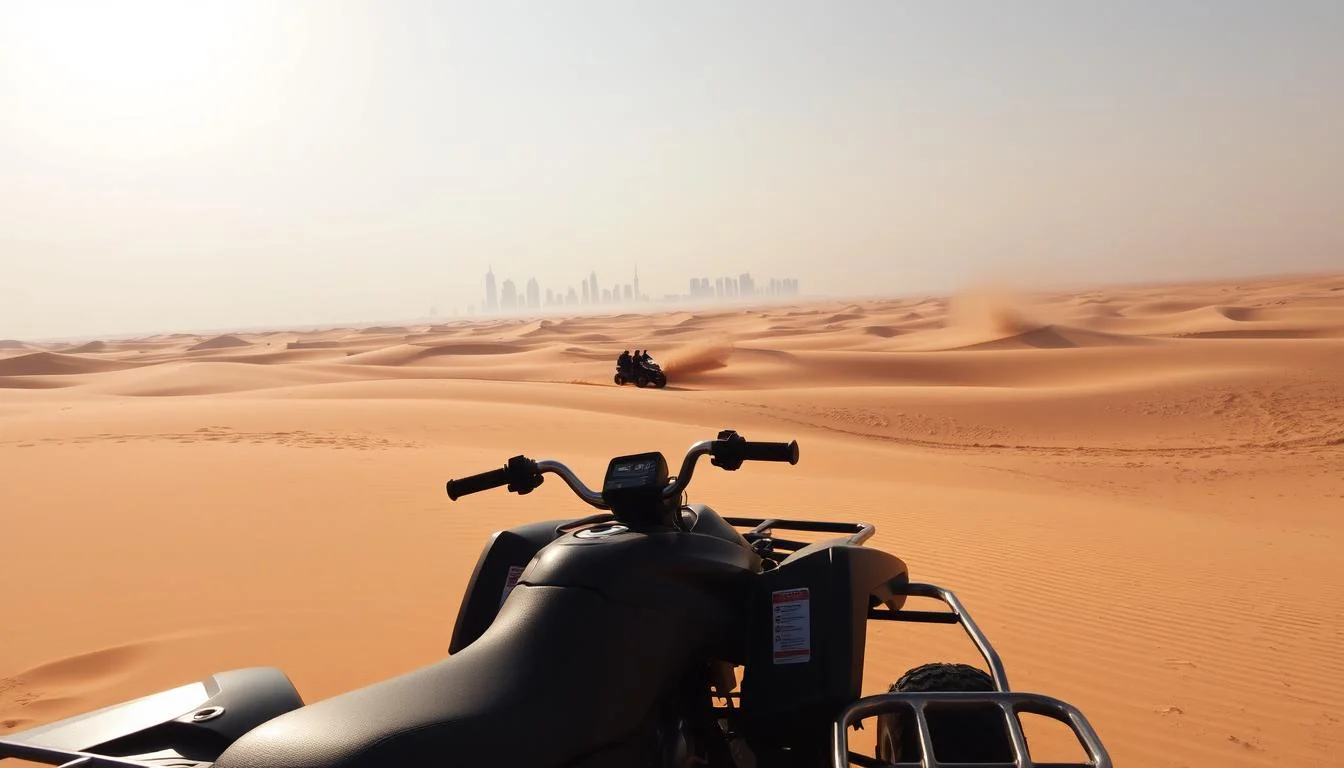Tourists riding quad bikes across golden Dubai desert dunes, some solo and others in a group, at sunset