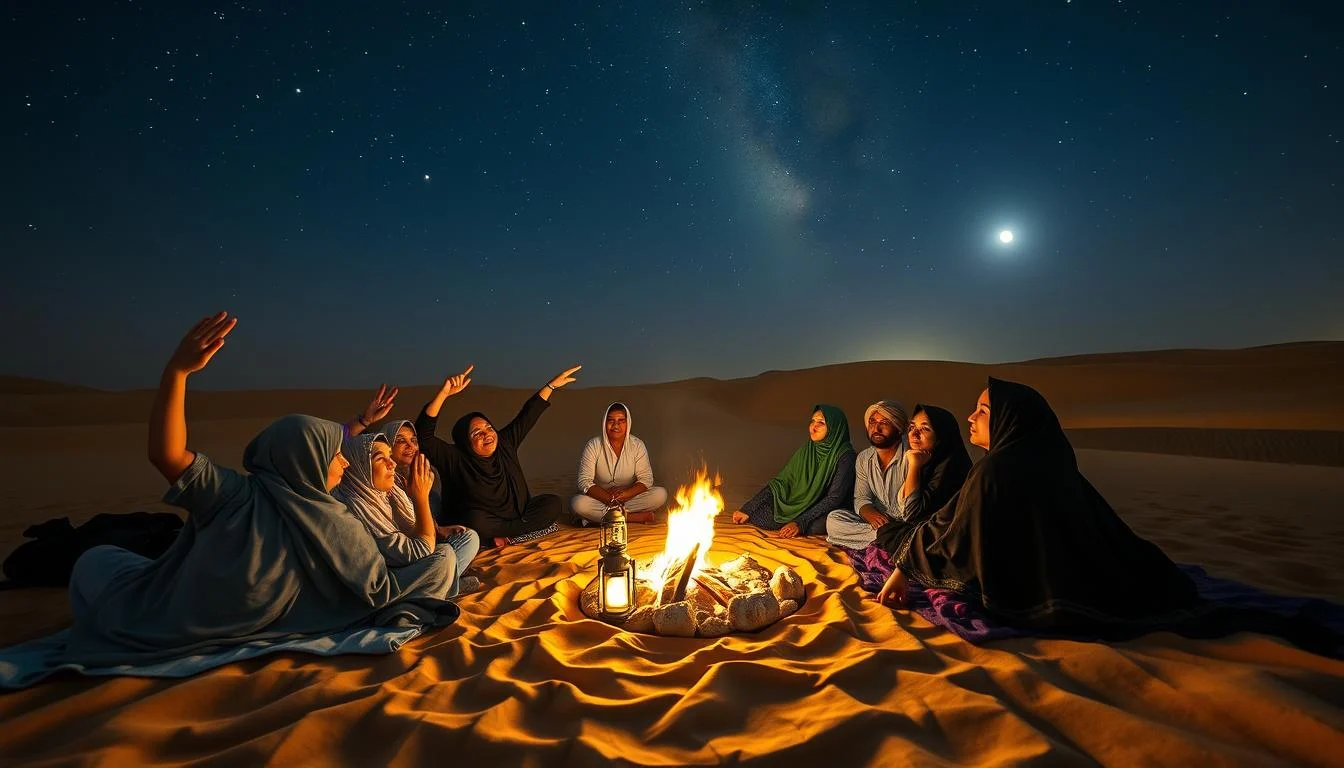 Tourists laying on blankets in the Sharjah desert at night, gazing up at a sky full of bright stars and the Milky Way