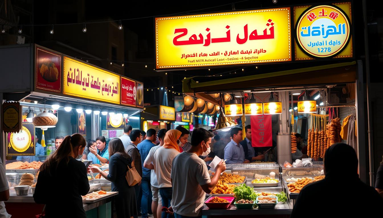 People enjoying diverse street food at a lively outdoor festival in Dubai, with colorful stalls and delicious aromas filling the air