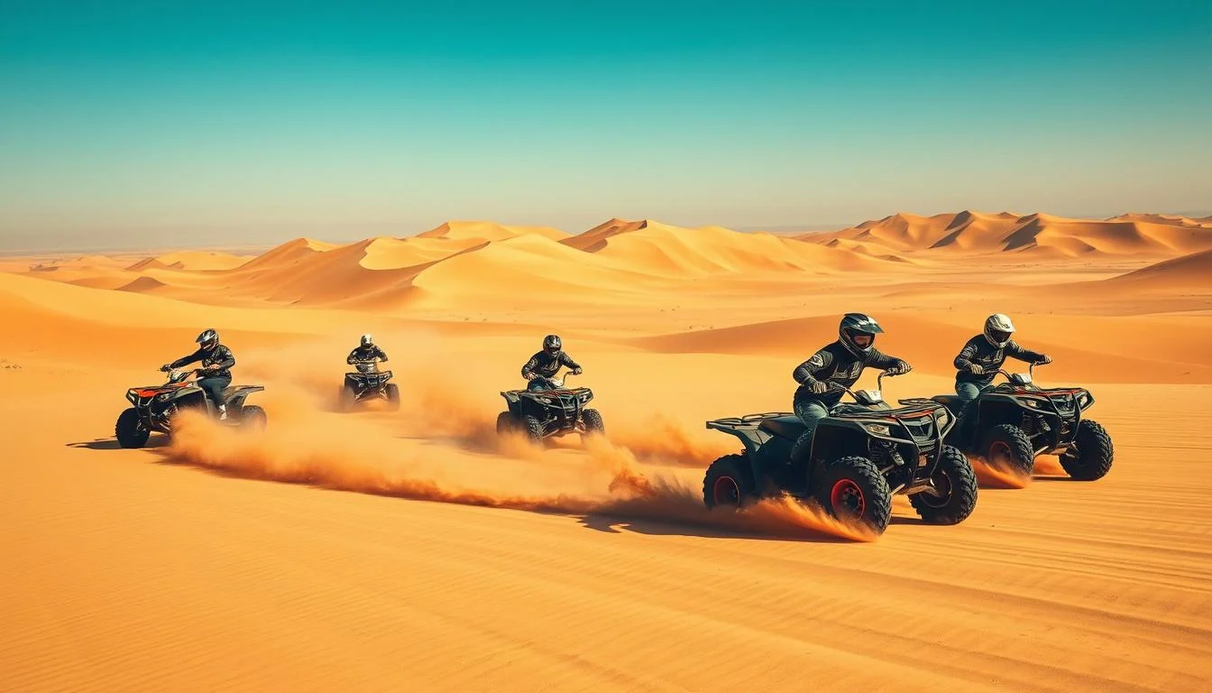 Tourists riding quad bikes through the golden sand dunes of Dubai's desert under a clear blue sky, kicking up sand