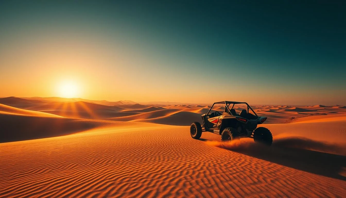 Tourists riding dune buggies across red Dubai dunes at sunrise, with the sky painted in warm golden and orange hues