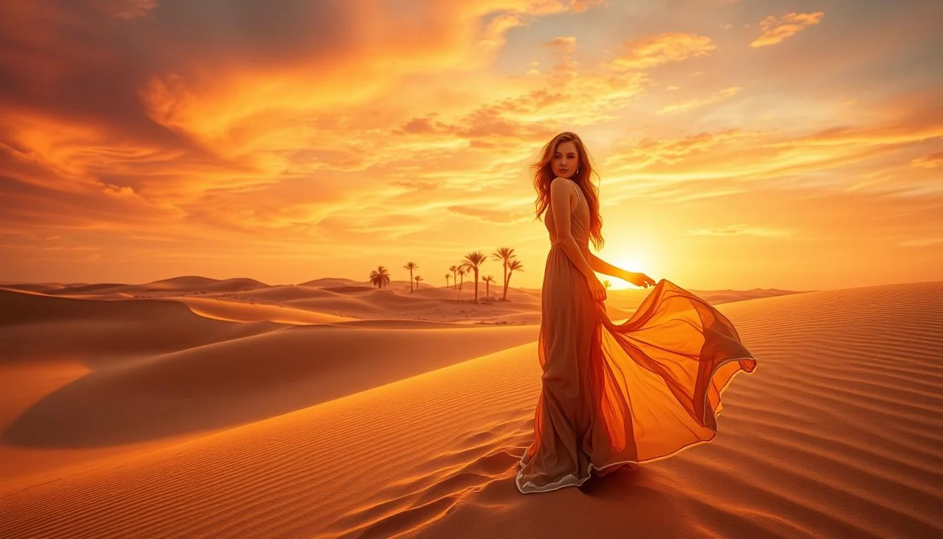 Tourists posing for a professional sunset desert photoshoot in Dubai with golden light illuminating the vast dunes