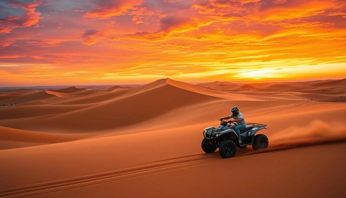 Tourists riding quad bikes across golden Dubai desert dunes during a vibrant sunset with orange and purple skies