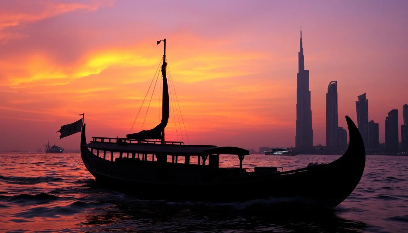 Traditional wooden dhow boat cruising along Dubai Creek at sunset with the city skyline in the background