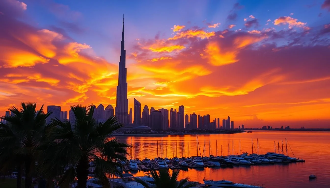 Dubai skyline at sunset with buildings silhouetted against a vibrant orange and purple sky, reflecting in the water