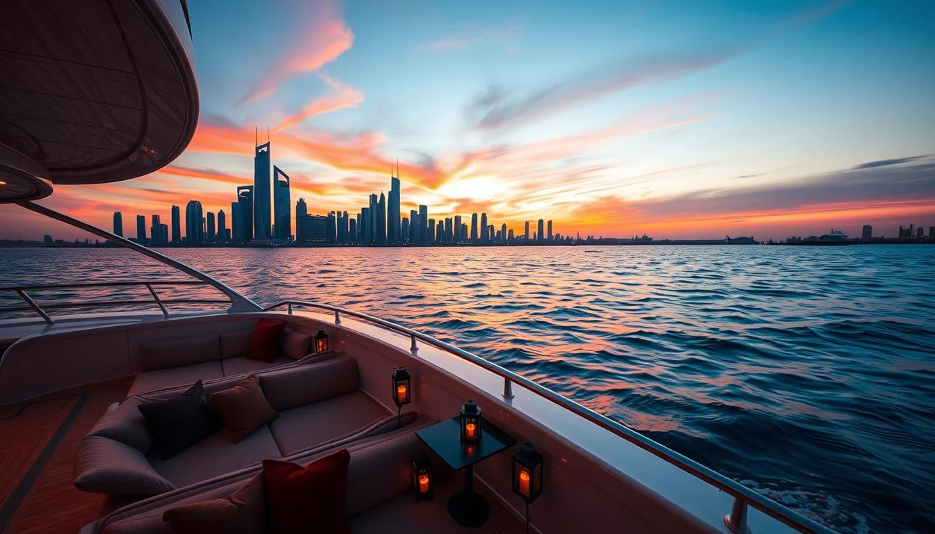 Luxury yacht cruising on the Arabian Gulf at sunset with Dubai's iconic skyline in the background, creating a romantic evening scene