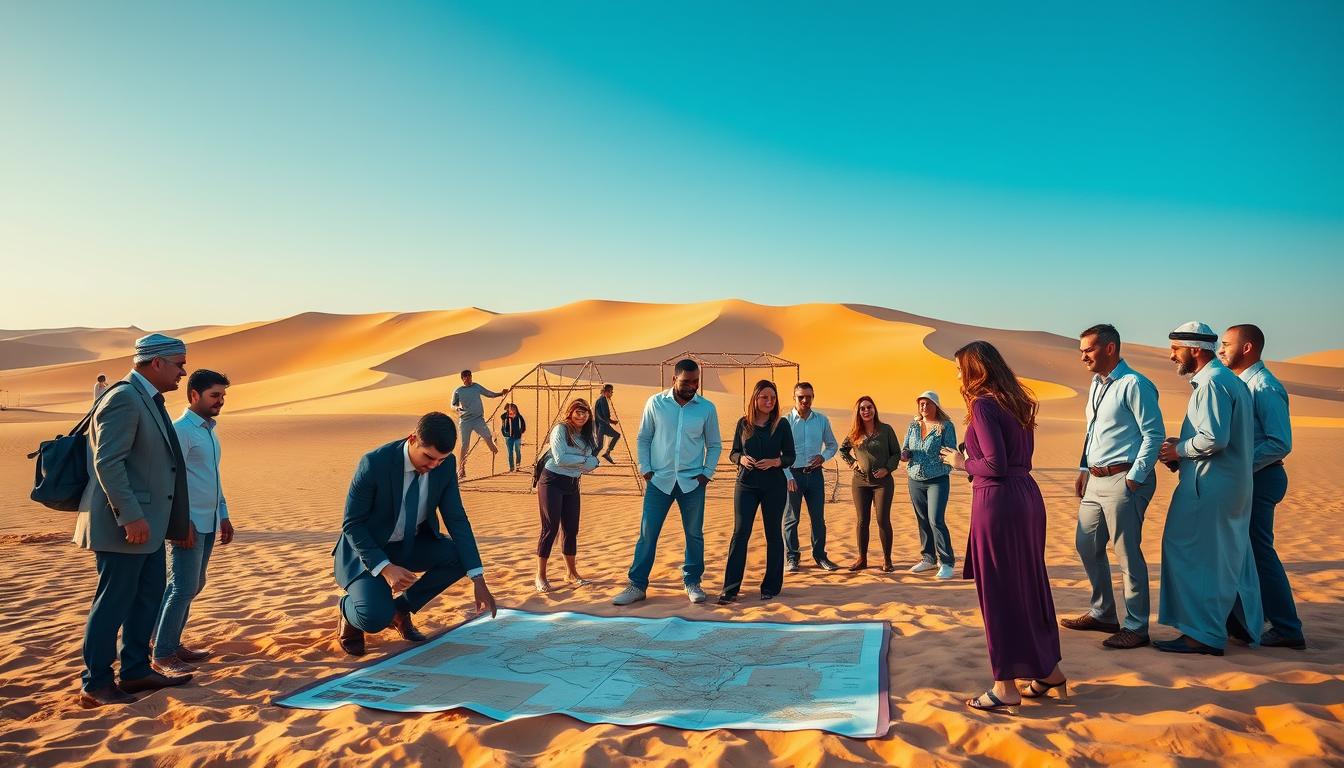 Teams on dune buggies and quad bikes navigating the vast, inspiring desert landscapes of Sharjah during a corporate team-building event