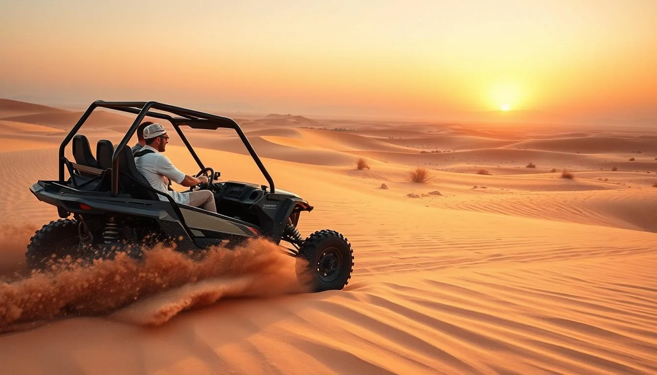 Tourists enjoying a thrilling buggy tour across the red dunes of Ras Al Khaimah desert during sunset, with clear skies