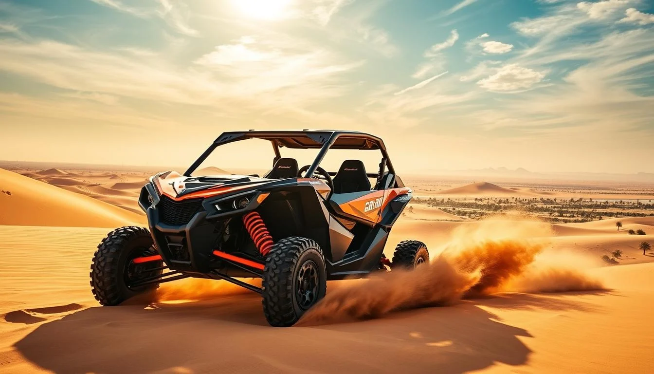 Can-Am Maverick X3 buggy leading a convoy of other buggies across vast red sand dunes in Abu Dhabi at sunrise