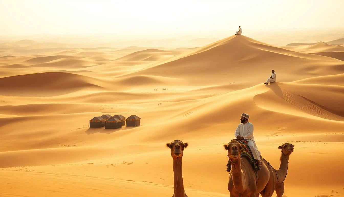 Tourists enjoying a desert safari in Abu Dhabi with a 4x4 vehicle kicking up sand dunes under a clear blue sky