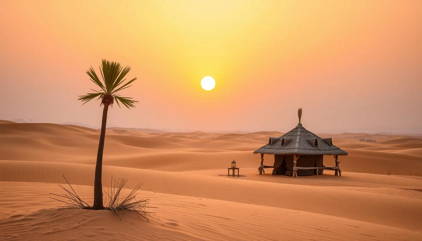The vast, quiet expanse of Sharjah's desert at dawn, with soft light illuminating rolling dunes and ancient escarpments, hinting at untold stories and
