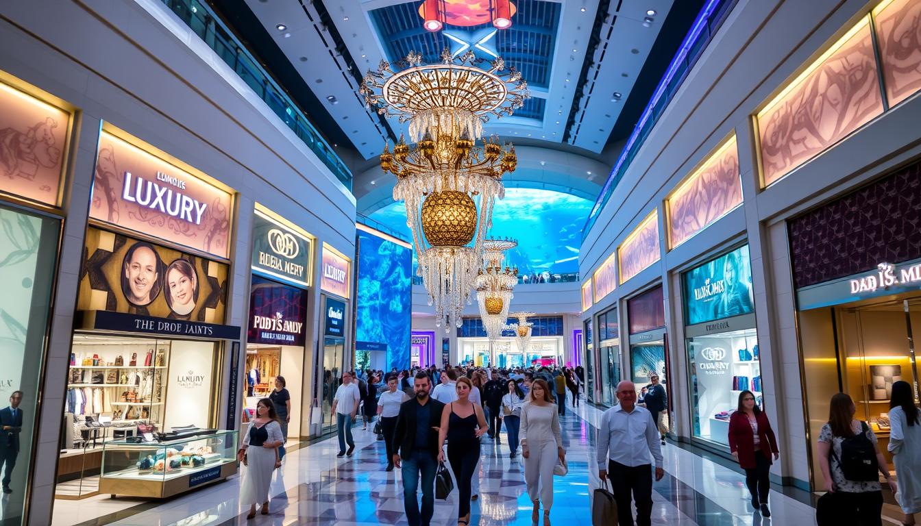 The Dubai Mall's grand entrance with shoppers and luxury brand storefronts, showcasing its status as a premier shopping destination