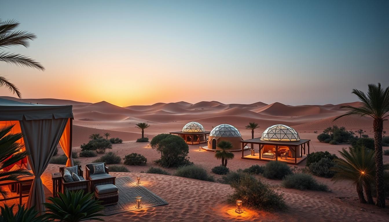 Tourists enjoying a silent safari in the vast, quiet dunes of Ras Al Khaimah, with the Hajar Mountains in the distance