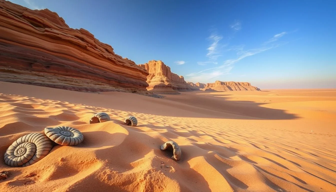 A close-up view of fossilized coral and shells embedded in rock, showcasing the ancient marine life found in Sharjah's desert