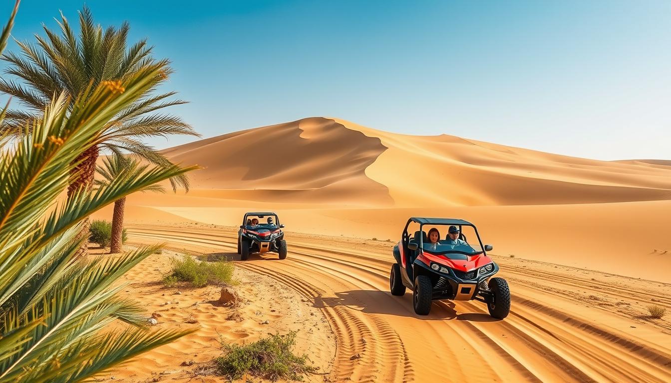 Tourists riding dune buggies across the red dunes of Sharjah at sunset, with distant city lights visible