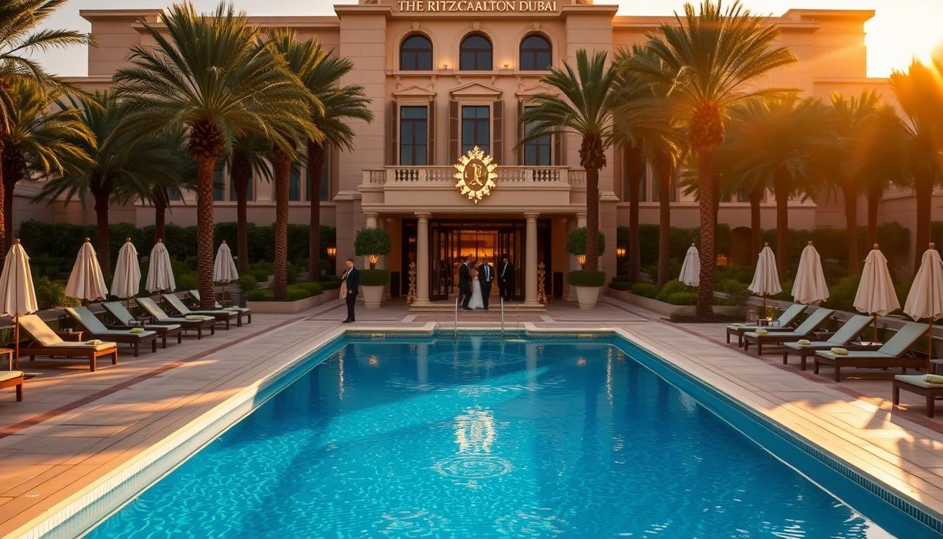 The Ritz-Carlton Dubai resort with palm trees and swimming pools under a clear blue sky, showcasing luxury and calm