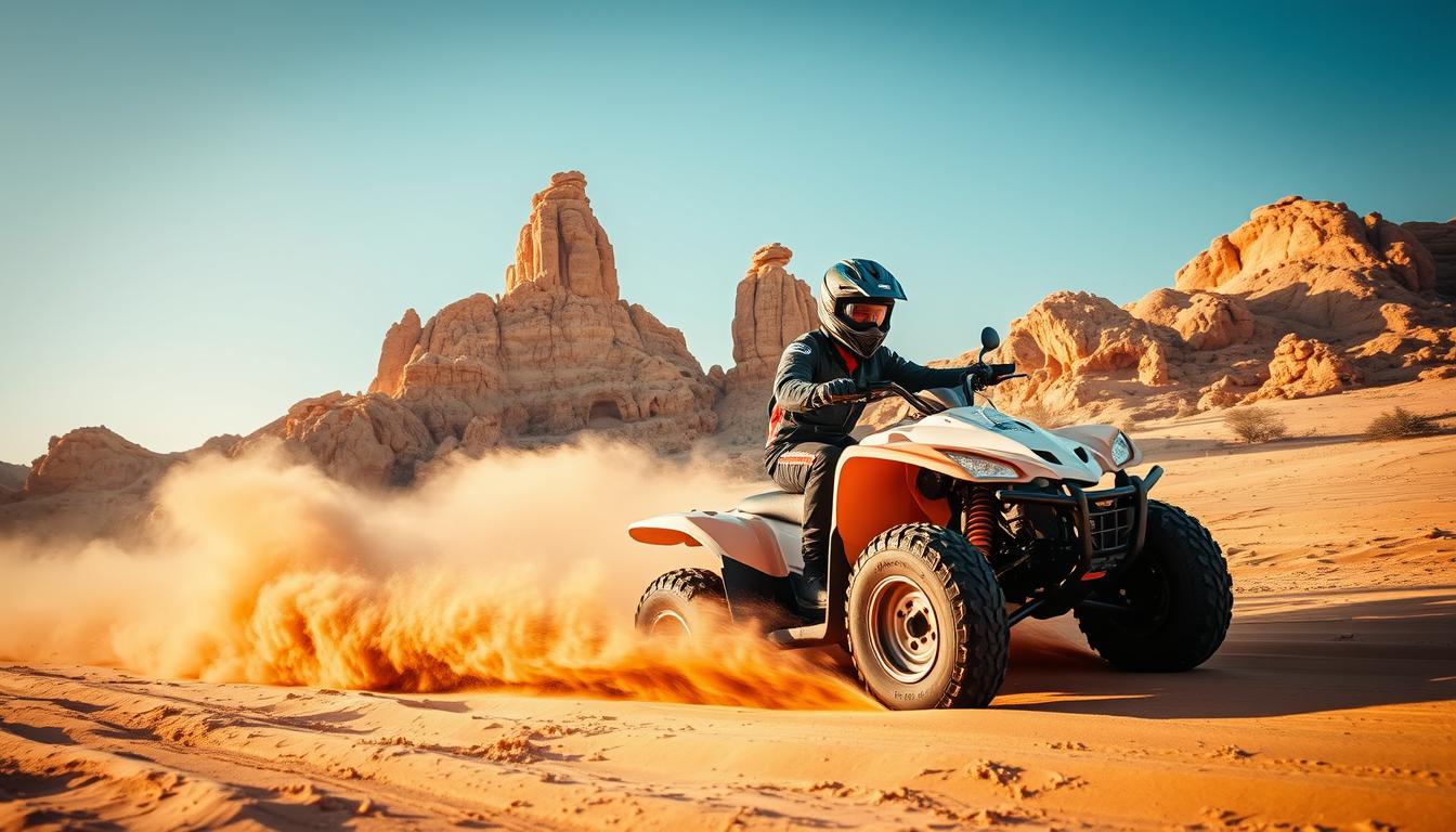 Quad bikers riding across the red sand dunes near Fossil Rock in Sharjah, with the distinctive limestone ridge in the background under a clear sky