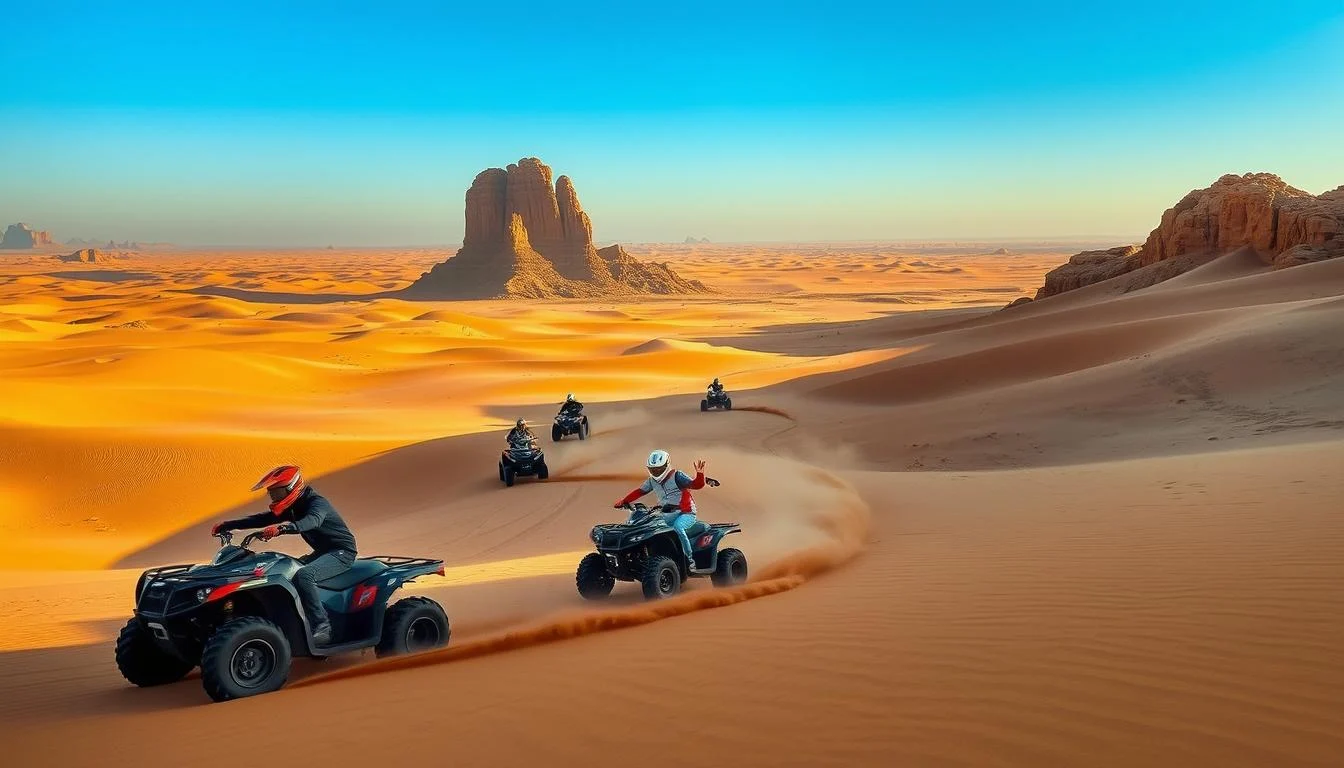 Tourists on quad bikes exploring the vast, untouched beauty of Abu Dhabi's desert dunes at sunset, with golden sand stretching into the distance
