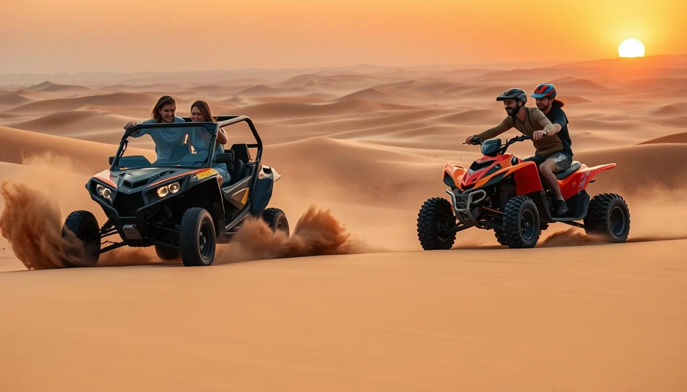 Tourists riding dune buggies and ATVs across the red dunes of Al Badayer (Big Red) in Dubai's desert at sunset