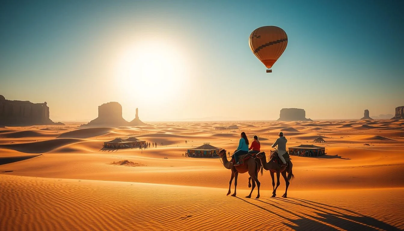 Tourists enjoying various desert safari activities like dune bashing, sandboarding, and camel trekking in the golden Dubai desert at sunset