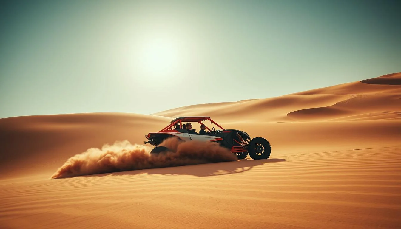 Tourists driving dune buggies over red sand dunes in the Abu Dhabi desert under a clear blue sky, kicking up sand