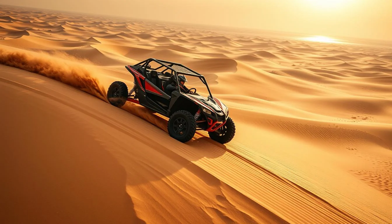 Tourists driving dune buggies across the vast golden sands of the Abu Dhabi desert under a clear sky