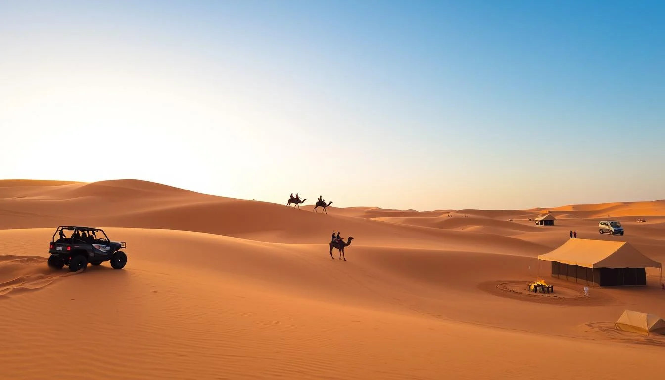 Tourists enjoying a desert safari with dune bashing and camel riding in the vast Abu Dhabi desert at sunset
