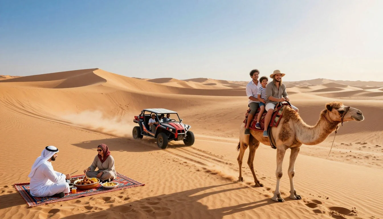 Tourists enjoying a desert safari in Dubai with dune bashing and a camel ride at sunset