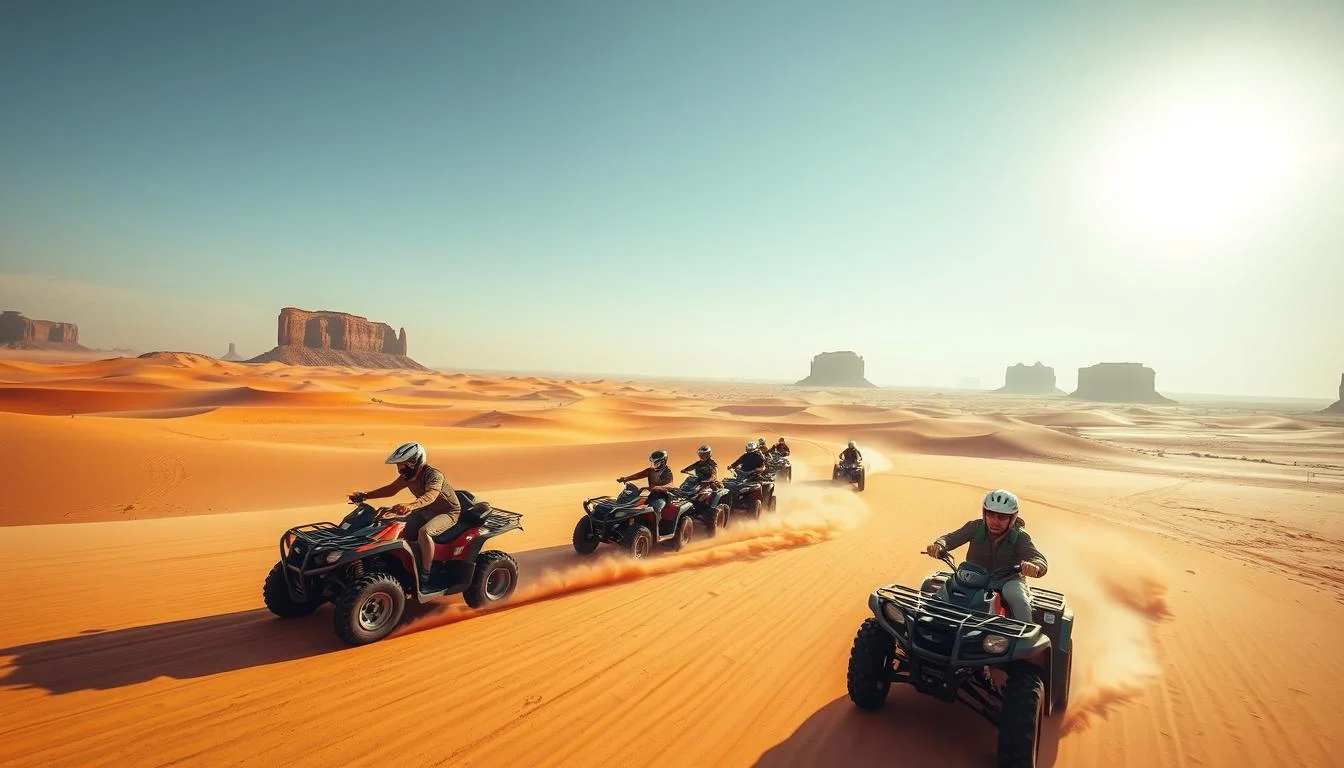 Tourists riding quad bikes through the golden sand dunes of Dubai's Lahbab Desert at sunset, with a clear sky overhead