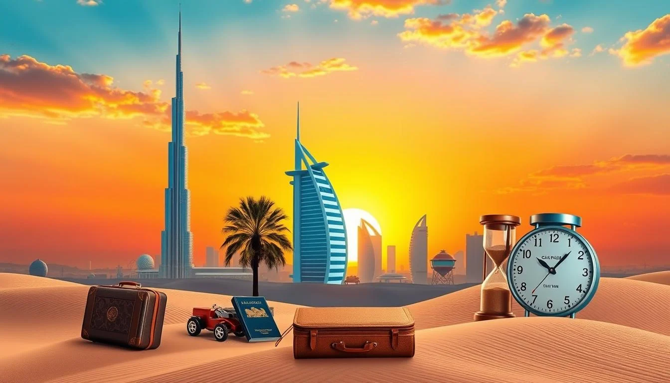 Tourists enjoying the golden and crimson sunset over the Dubai desert, preparing for an unforgettable journey
