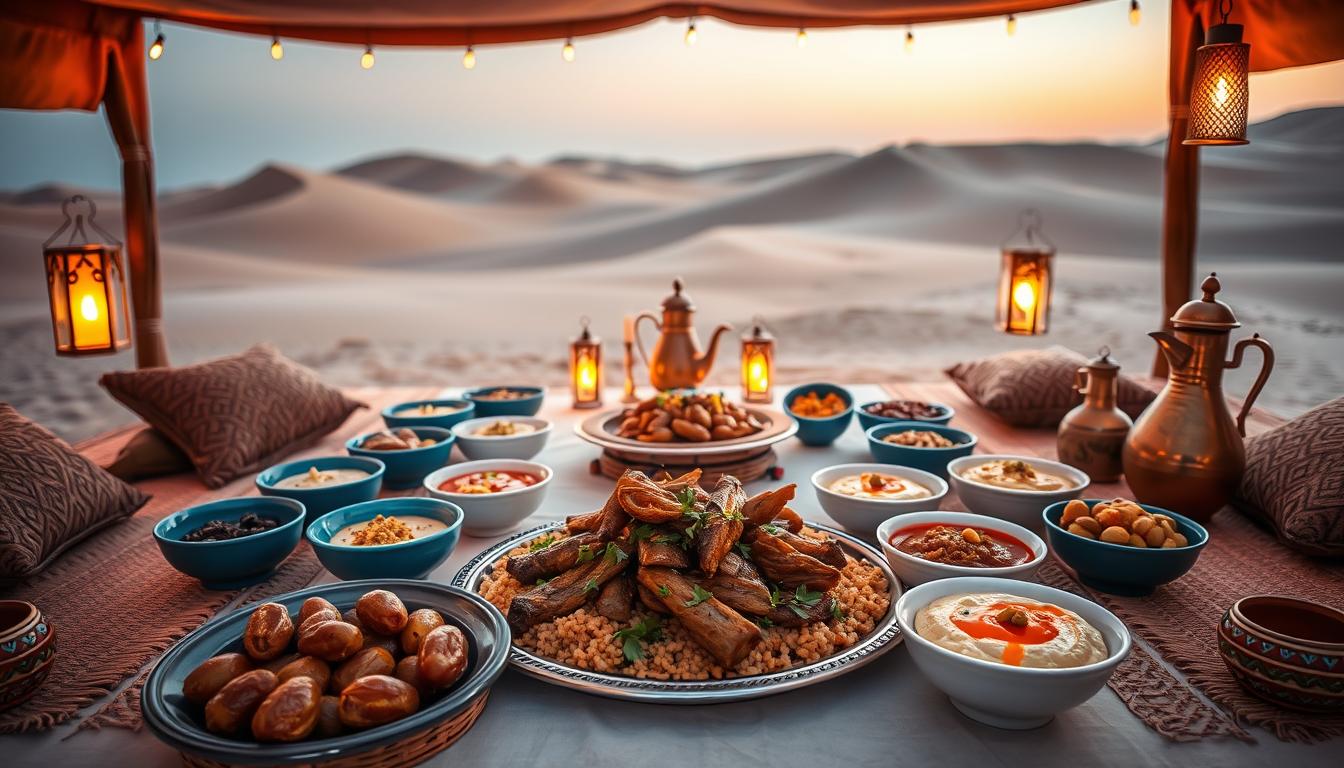 Tourists enjoying a traditional Emirati dinner at a desert camp in Dubai with golden dunes at sunset