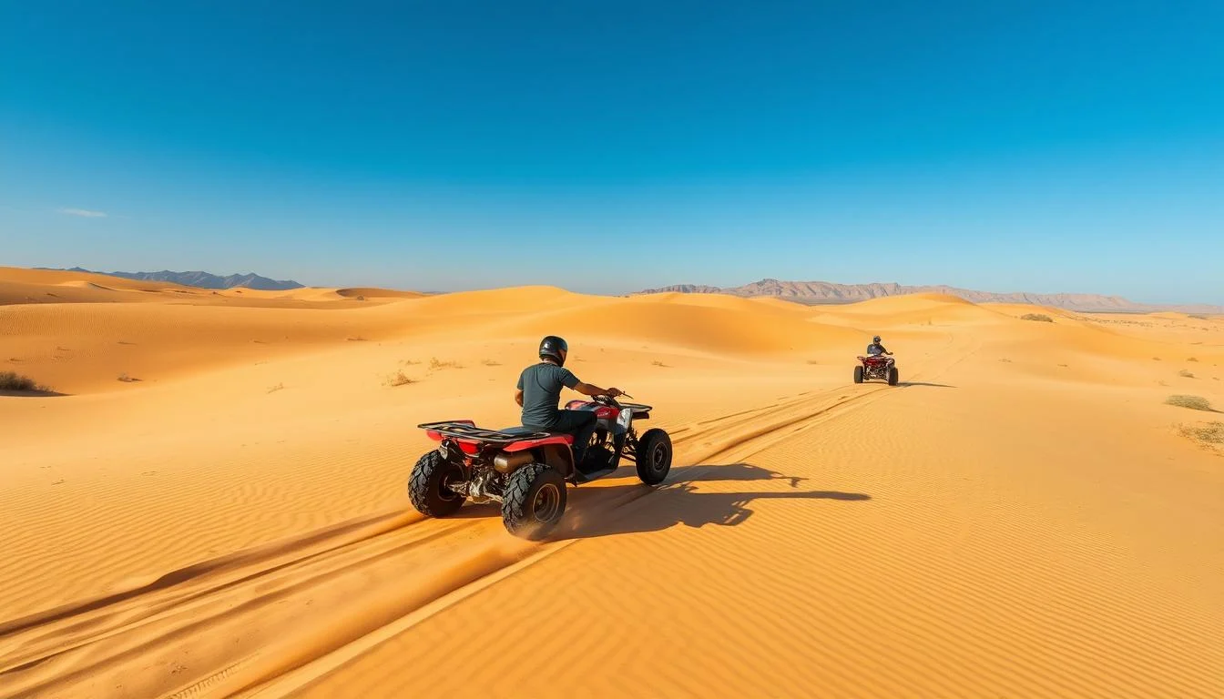 Tourists riding quad bikes across the golden sand dunes of Tunisia's Sahara Desert at sunset, with a guide leading the way