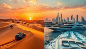 Tourists enjoying a desert safari with dune bashing, camel riding, and traditional Bedouin cultural experiences in Dubai