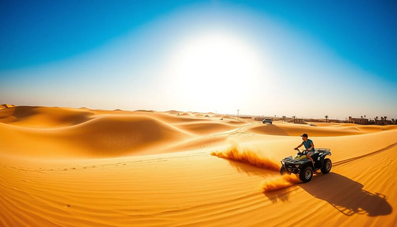 Tourists riding quad bikes across the vast, golden sand dunes of the Sahara Desert in Douz, Tunisia at sunset