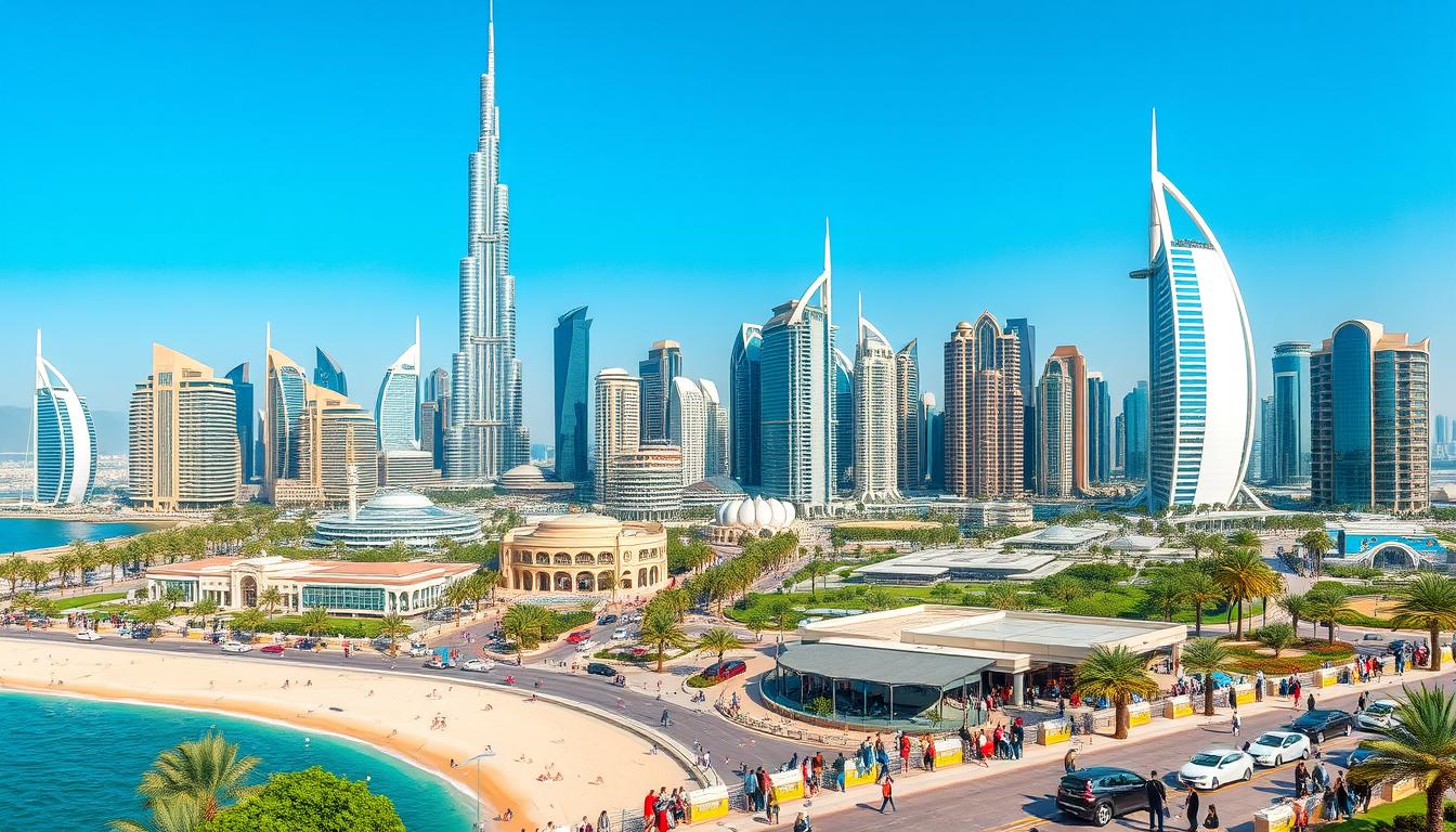Tourists admiring the Dubai skyline with the Burj Khalifa and Dubai Fountain at sunset, showcasing the city's blend of luxury and tradition