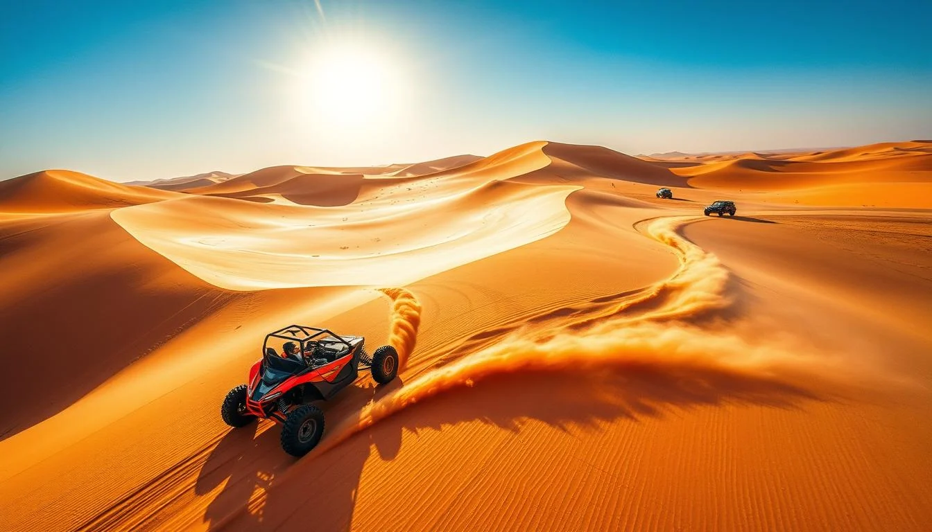 Dune buggy riders navigating the vast, iron-rich red dunes of Ras Al Khaimah, UAE, under a clear desert sky