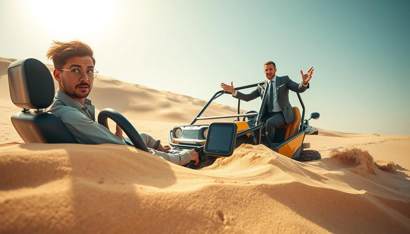 Tourists riding dune buggies across the golden desert dunes of Ras Al Khaimah, UAE, with mountains in the background