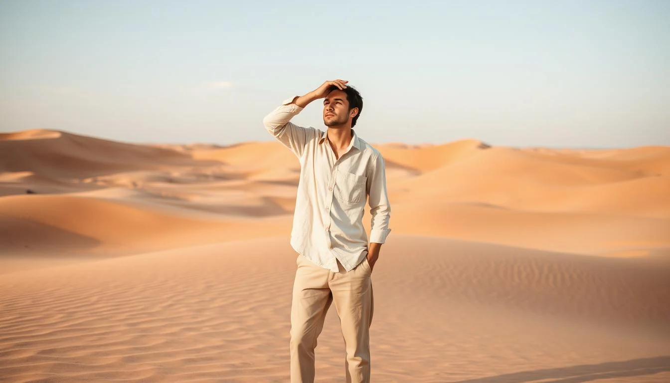 Tourists wearing light-colored clothing exploring the vast, sandy Dubai desert under a bright sunlit sky