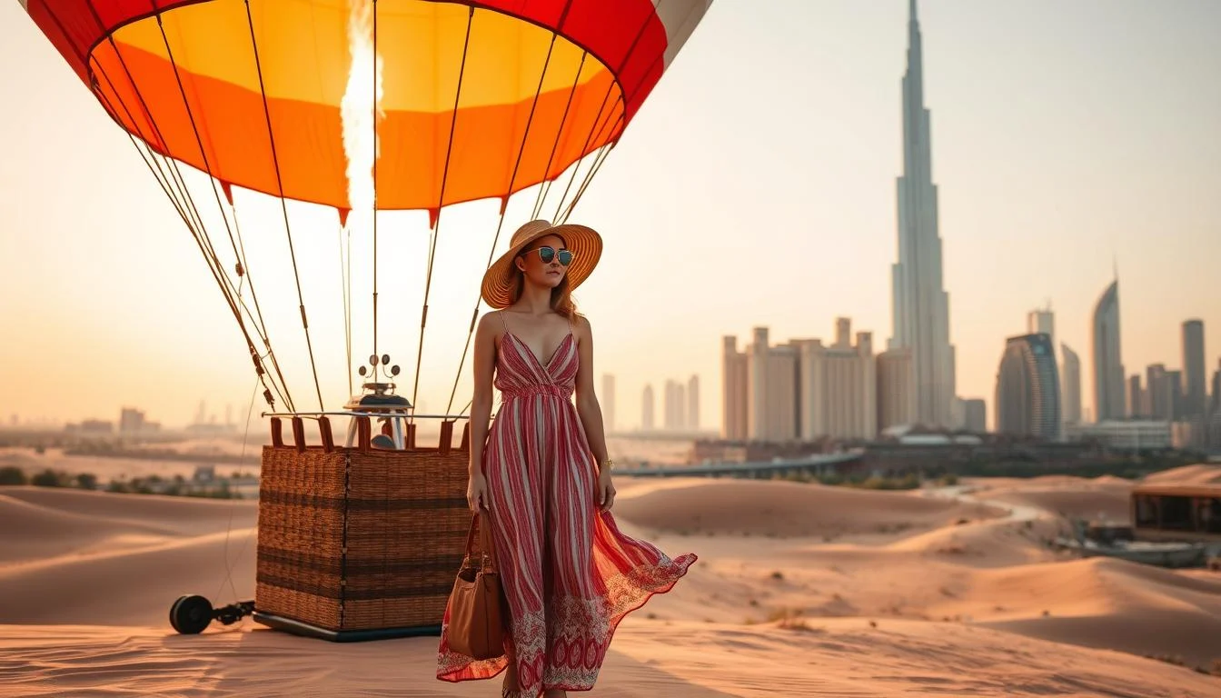 Tourists enjoying a hot air balloon ride over the vast, golden Dubai desert at sunrise, with other balloons in the distance