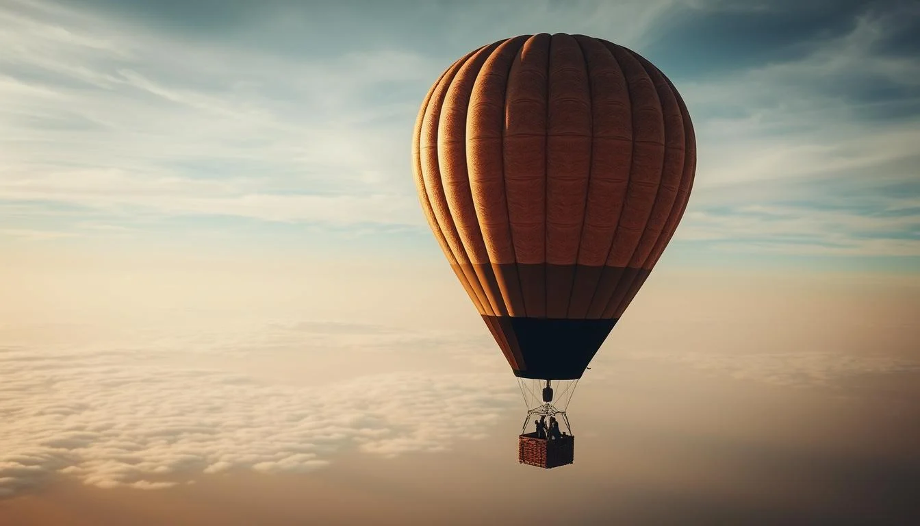 Hot air balloon ascending over the vast Dubai desert at sunrise, with other balloons in the distance and golden light illuminating the dunes