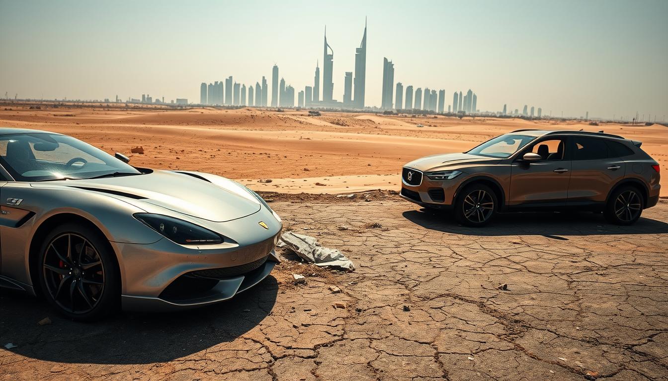 A sleek, abandoned luxury car, possibly a Ferrari or Lamborghini, parked in a dusty lot in Dubai, highlighting the city's issue with forgotten vehicle