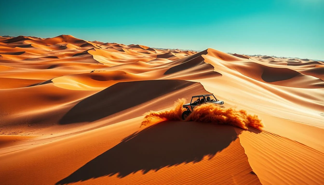 Tourists in a 4x4 vehicle experiencing red dune bashing in the Arabian Desert at sunset, with vibrant colors in the sky