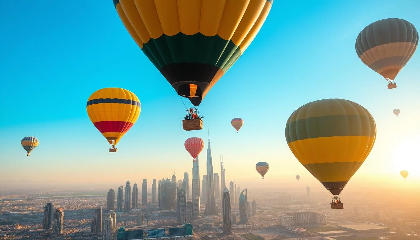 Hot air balloons floating over the golden Dubai desert dunes at sunrise with a clear sky