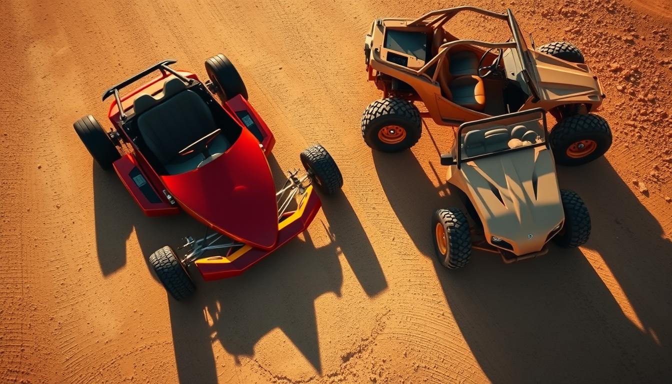 Two people in a red dune buggy kicking up sand in the Dubai desert, with a go kart on a smooth track in the background