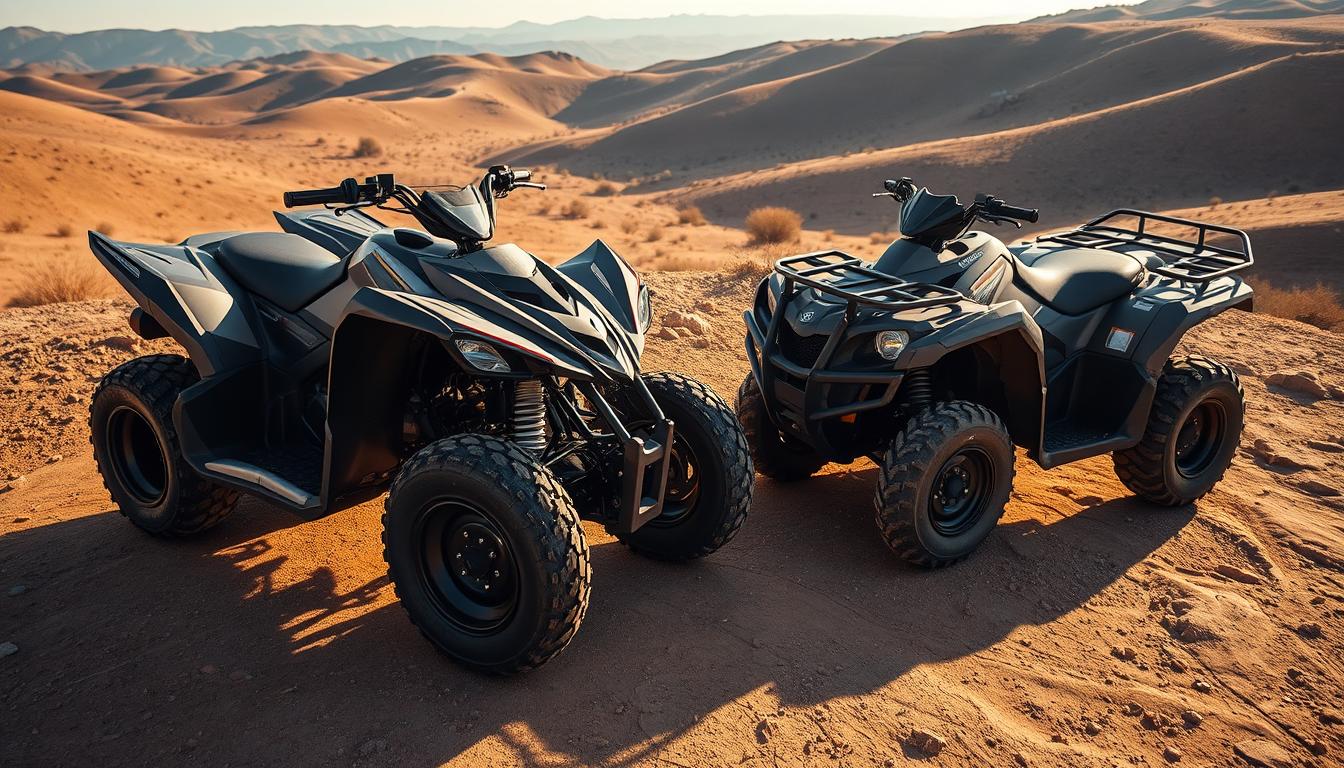 Two quad bikes and an ATV parked side-by-side on a desert trail, showcasing their distinct designs for off-road enthusiasts